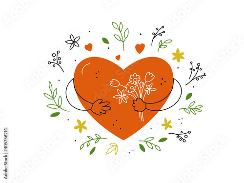 Big red heart with flowers in hands. Self or body care, love. Romance greeting card with cartoon character, leaves, doodle style elements. Happy Valentine or Mothers day postcard. Vector illustration