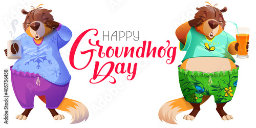 Happy groundhog day greeting text postcard and two marmots. Cute sleepy groundhog predicts winter or spring