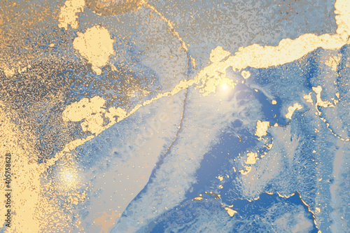 Blue and gold pattern with texture of marble. Abstract vector background in alcohol ink technique. Modern paint with glitter. Template for banner, poster, flyer design. Fluid art painting © Kusandra