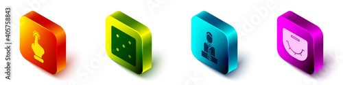 Set Isometric Hand holding casino chips, Game dice, Casino dealer and Poker table icon. Vector.