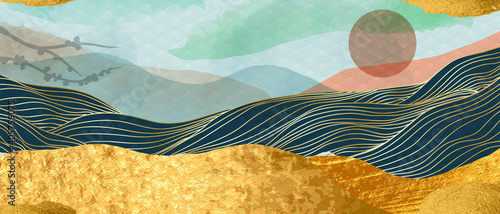 Mountain and gold landscape wall arts vector. Japanese oriental style abstract arts with gold texture design for wall framed prints, canvas prints, poster, home decor, cover, luxury wallpaper. 