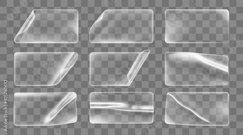 Transparent glued crumpled rectangle stickers with curled corners mock up set. Blank adhesive transparent paper or plastic sticker label with curled and wrinkled effect. 3d realistic vector icon