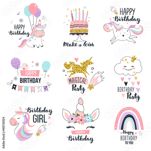 Photography Happy birthday greeting cards with cute unicorns
