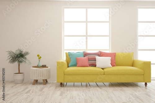 White living room with sofa. Scandinavian interior design. 3D illustration