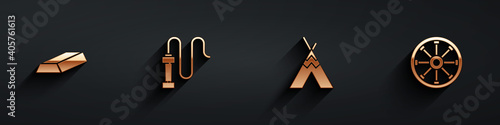 Set Gold bars, Leather whip, Indian teepee or wigwam and Old wooden wheel icon with long shadow. Vector.