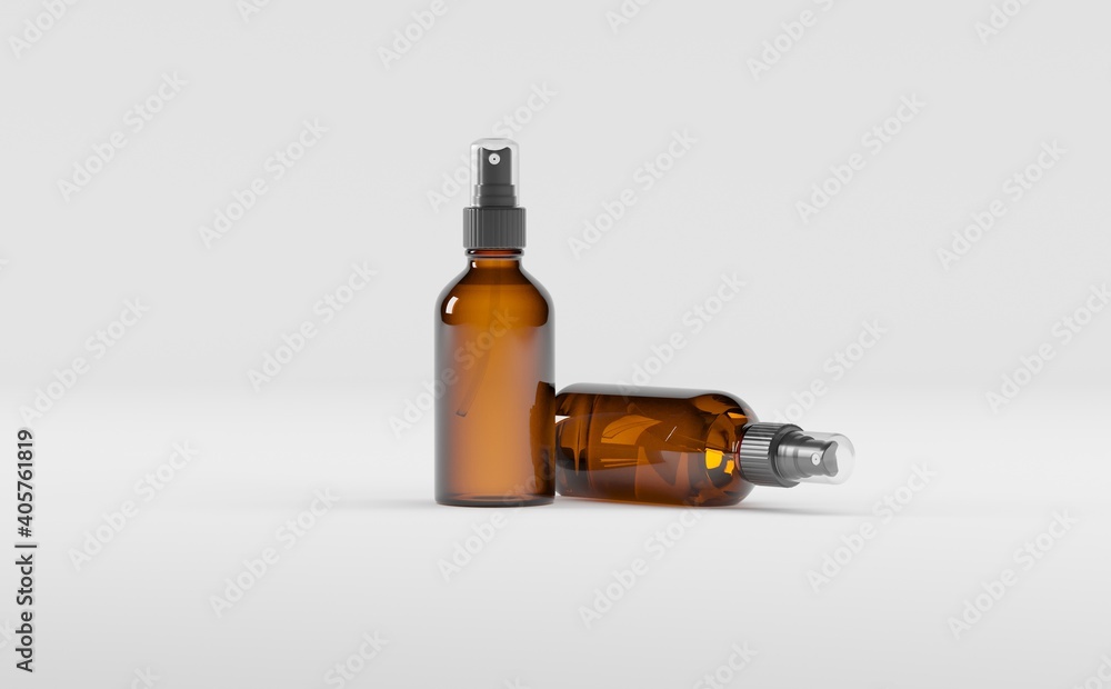 Amber Spray Bottle Mockup 3D Illustration-Two Bottles Amber Spray Bottle Mockup 3D Illustration-Two Bottles