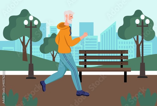 An elderly man runs in the Park. The concept of active old age, sports, and running. Day of the elderly. Flat cartoon vector illustration.