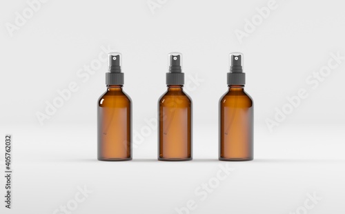Amber Spray Bottle Mockup 3D Illustration - Three Bottles