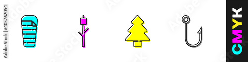 Set Sleeping bag, Marshmallow on stick, Forest and Fishing hook icon. Vector.