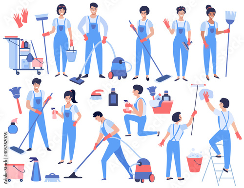 Cleaning service set. Men and women dressed in uniform work with the equipment. Vector illustration.