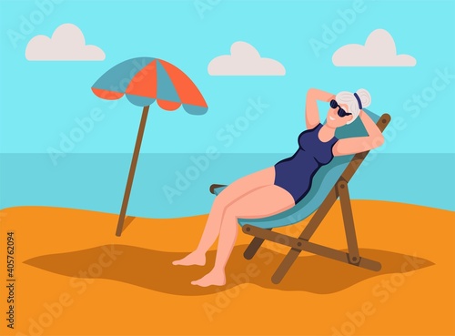 Elderly woman sunbathing on the beach.The concept of active old age. Day of the elderly. Flat cartoon vector illustration.