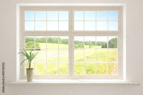 Empty window with summer landscape in window. Scandinavian interior design. 3D illustration