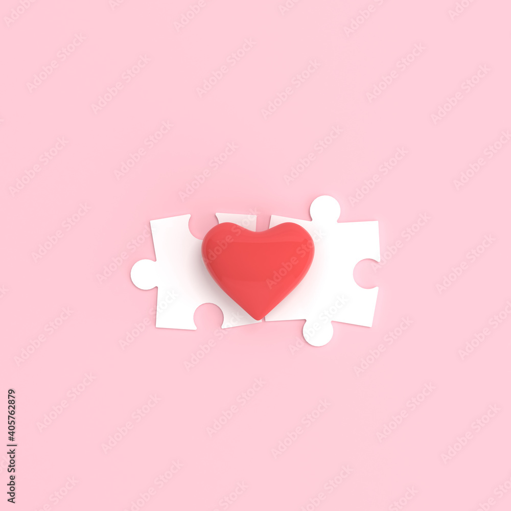 Heart and white puzzle isolated on pink background, Valentine concept, 3d rendering.