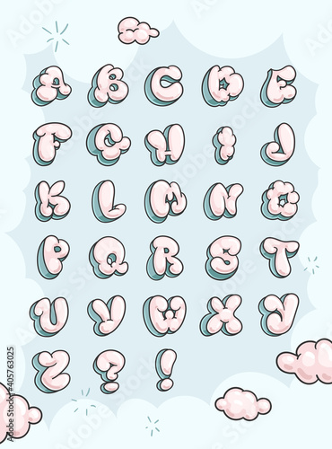 Soft clouds letters. Vector color illustration for kids design. Bubble font set 