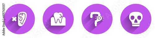 Set Deaf, Tooth with caries, Gut constipation and Skull icon with long shadow. Vector.