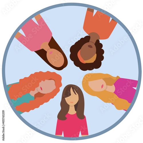 Trendy women vector illustration. Female characters, flat design. Women support and follow women. Variety of nationalities, hairstyles.Women femenism bodypositive different nationalities icon. 