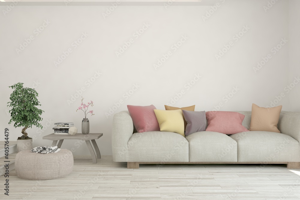 Fototapeta premium White living room with sofa. Scandinavian interior design. 3D illustration