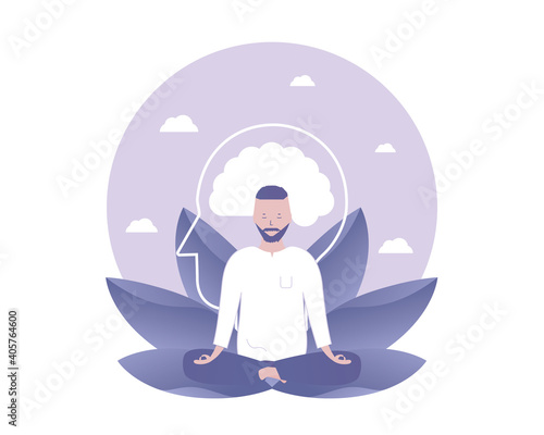 A man is meditating. Deep meditation. Vector illustration for telework, remote working and freelancing, business, start up, social media and blog
