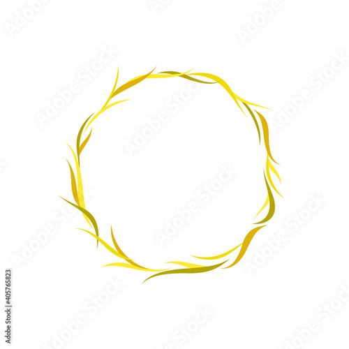 Round wreath or crown with gold and brown ears of wheat, barley or rye and blades of grass.