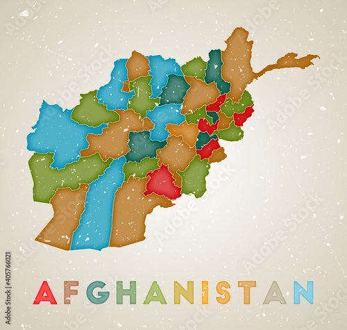 Afghanistan map. Country poster with colored regions. Old grunge texture. Vector illustration of Afghanistan with country name.