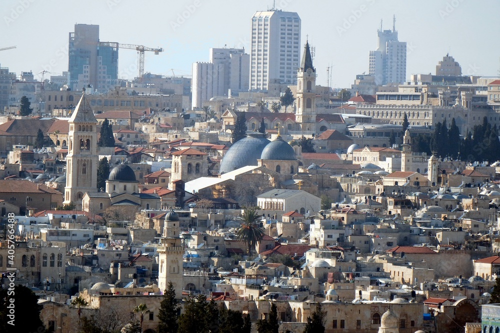 Jerusalem, Israel, view of the Church of the Holy Sepulchre (blue domes) and the Old City from the Mount of Olives