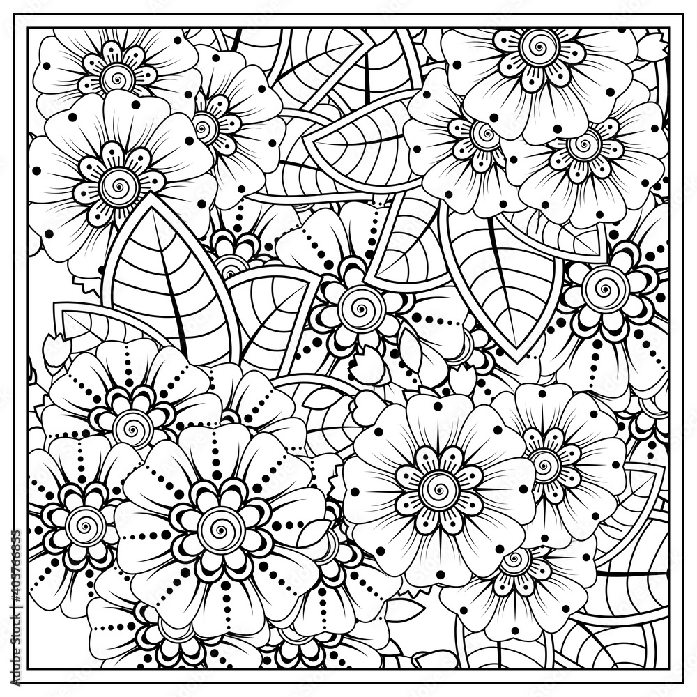Outline square flower pattern in mehndi style for coloring book page