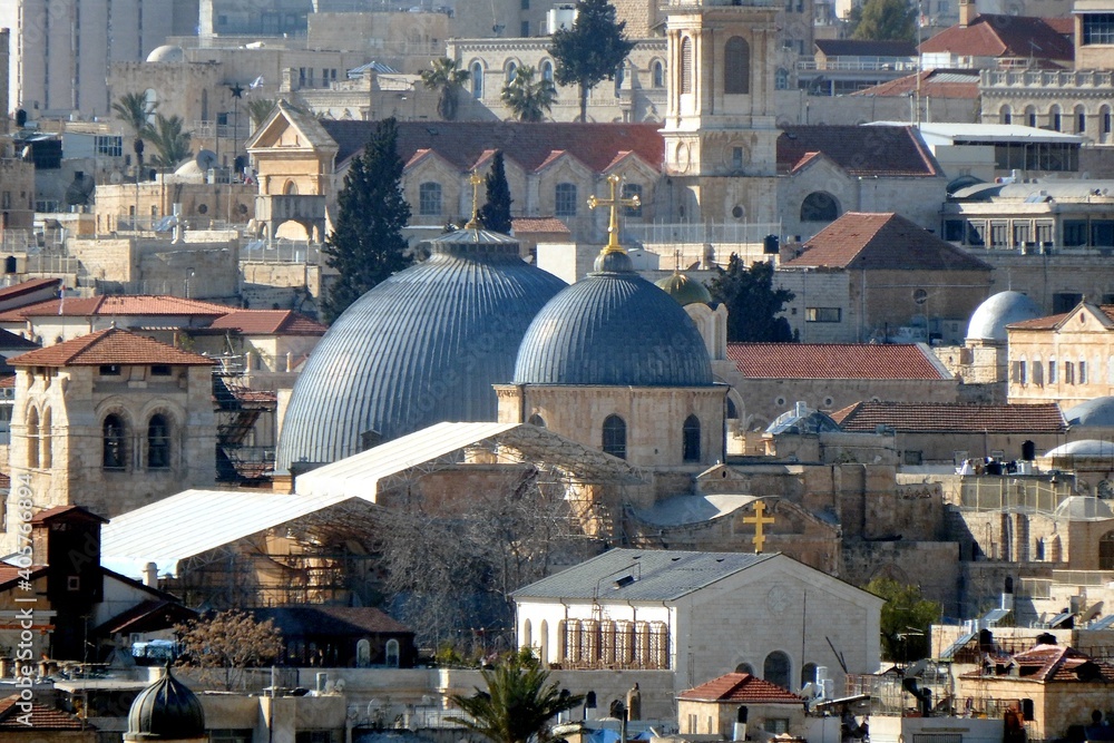 Jerusalem, Israel, view of the Church of the Holy Sepulchre (blue domes) and the Old City from the Mount of Olives