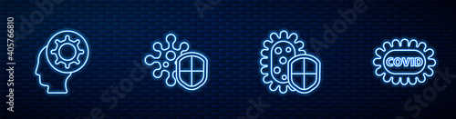 Set line Shield protecting from virus, Human and, and Corona covid-19. Glowing neon icon on brick wall. Vector.