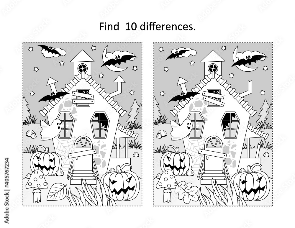 Halloween haunted house find the differences picture puzzle and ...