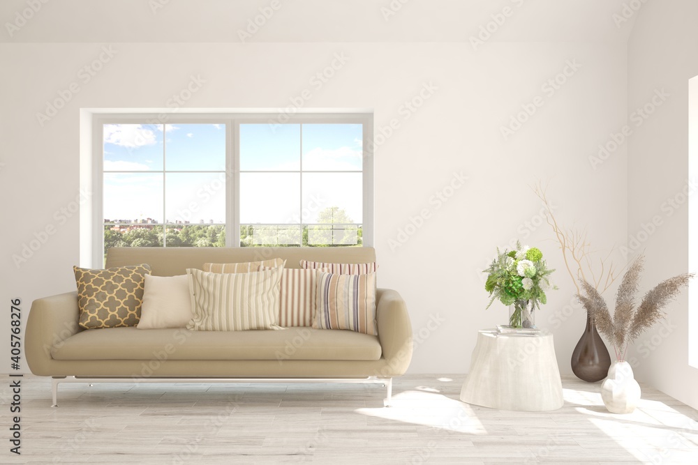 Fototapeta premium White living room with sofa and summer landscape in window. Scandinavian interior design. 3D illustration