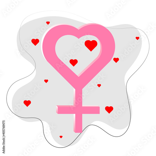 Gender norms concept. Female sign in pink, on a gray background with hearts.