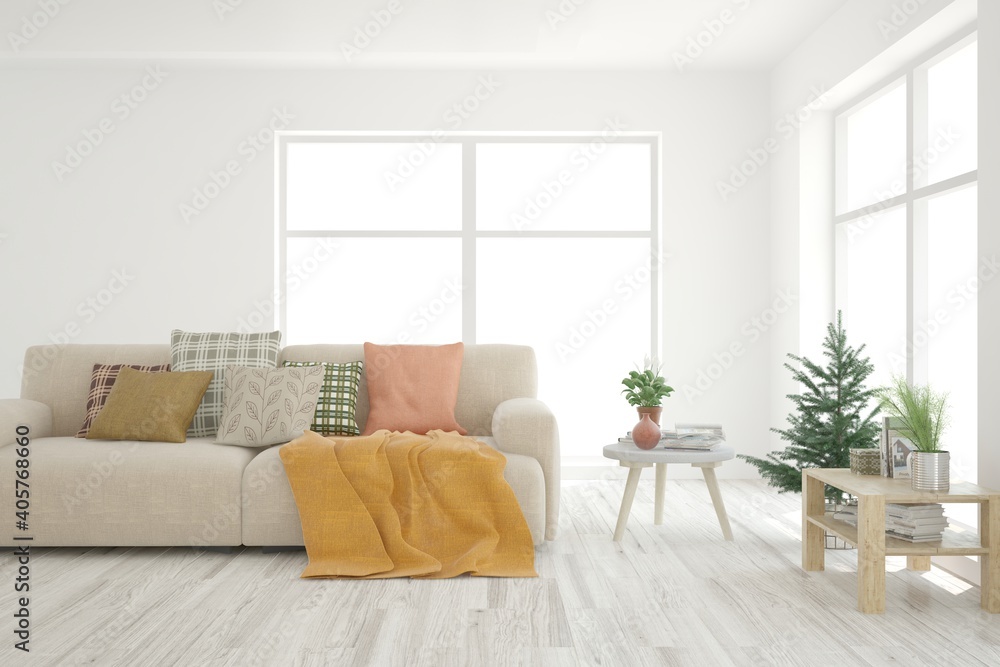Fototapeta premium White living room with sofa. Scandinavian interior design. 3D illustration