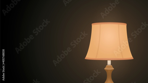 Night light in a dark room on the table. Vector illustration of a lamp shining softly in the dark. Classic wooden table night light. Banner template, with empty space for the headline. Website banner