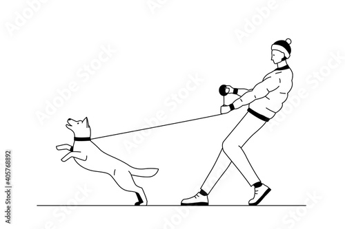 Young man walking a dog. Black and white outline vector illustration of a man holding a dog on a leash. Boy outside in winter with a happy dog pulling him by the leash and trying to run away