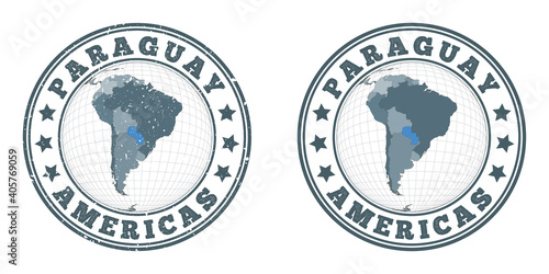 Paraguay round logos. Circular badges of country with map of Paraguay in world context. Plain and textured country stamps. Vector illustration.