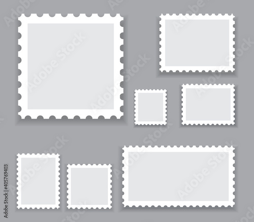Blank postage stamps template set isolated on gray background. Collection of trendy postage stamps for label, sticker, app, mockup post stamp and wallpaper. Blank postage stamps, vector illustration