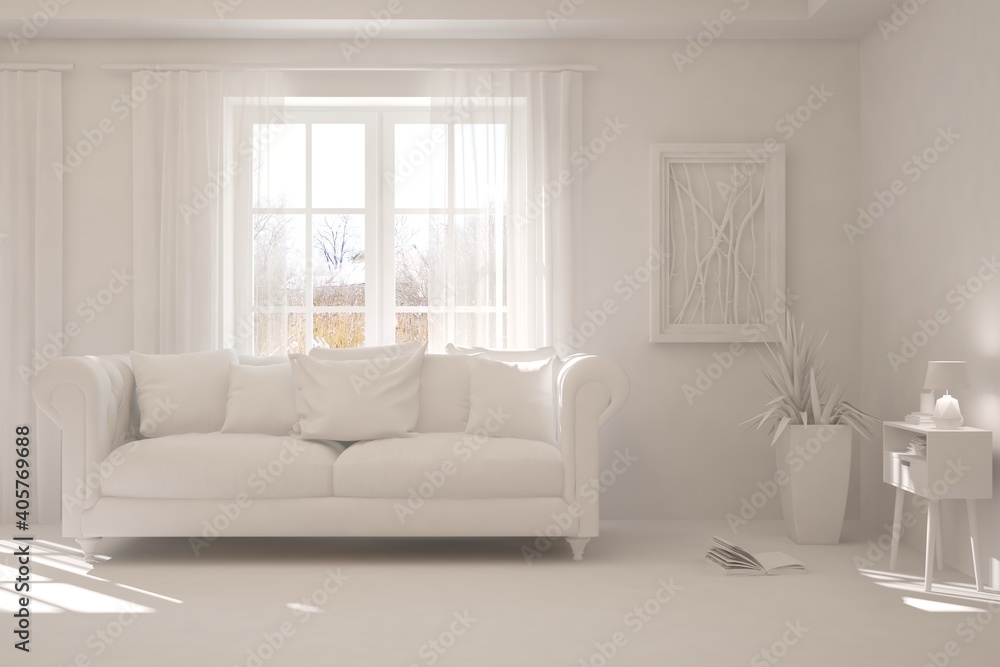 Fototapeta premium White minimalist living room with sofa. Scandinavian interior design. 3D illustration