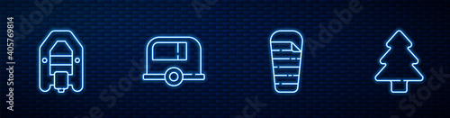 Set line Sleeping bag, Rafting boat, Rv Camping trailer and Forest. Glowing neon icon on brick wall. Vector.