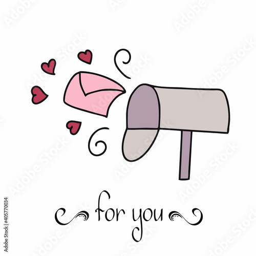 Valentine's Day card with the inscription for you. A mailbox with an envelope and a heart. Lettering by hand for the holiday of lovers.