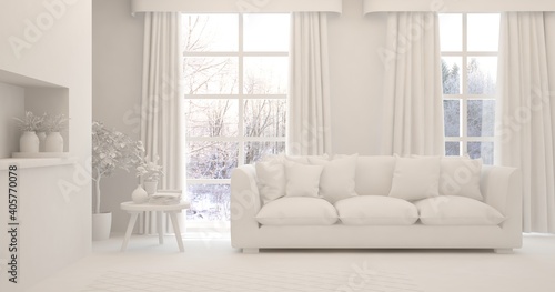 White minimalist living room with sofa. Scandinavian interior design. 3D illustration