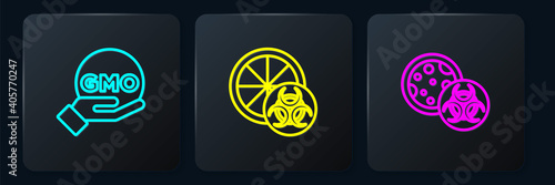 Set line GMO, and Genetically modified orange. Black square button. Vector.