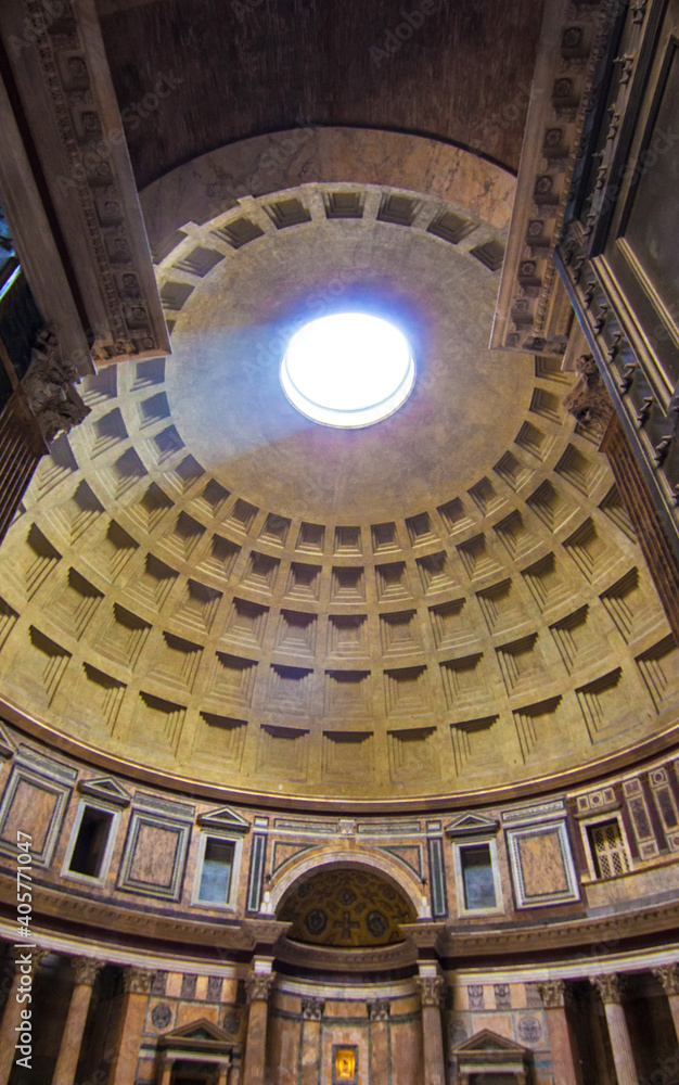 Internal part of dome in Pantheon, Rome, Italy. View of the interior of  Pantheon, former Roman Temple, now a church of St. Mary and the Martyrs (Chiesa Santa Maria dei Martiri). Soft selective focus