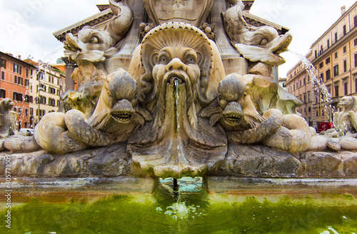 Detail of 16th-century fountain commissioned by Pope Gregory XIII in Piazza della Rotonda square next to Pantheon, Rome, Italy.