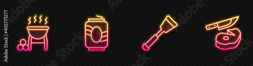 Set line Spatula, Barbecue grill, Soda can and Steak meat and knife. Glowing neon icon. Vector.