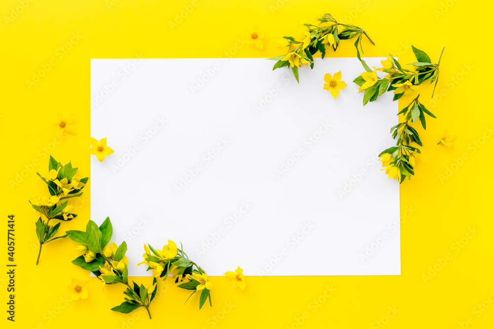 White paper blank with yellow spring flowers, overhead view White paper blank with yellow spring flowers, overhead view