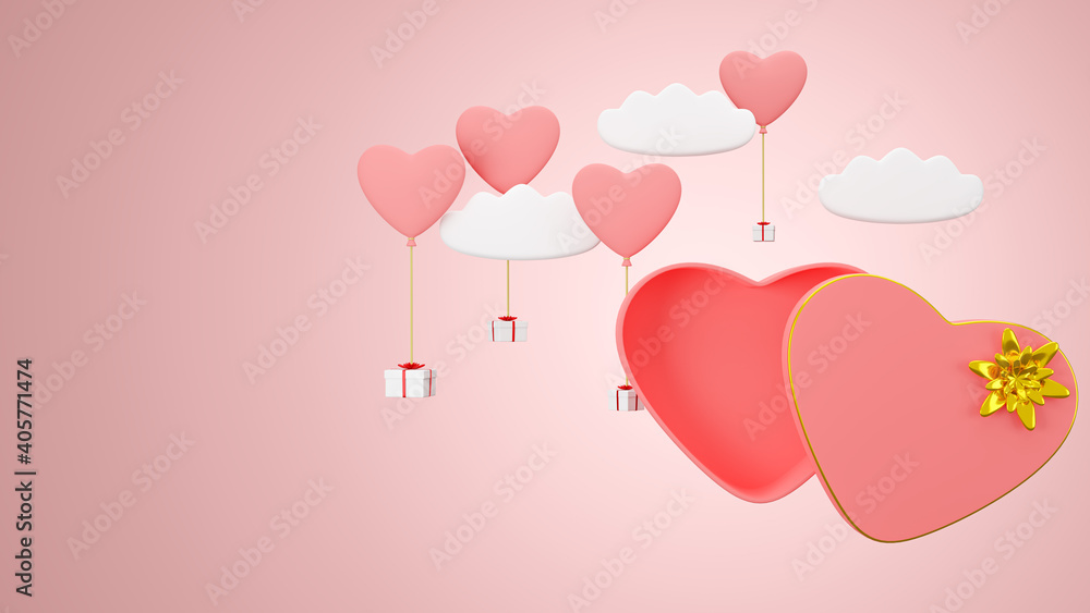 3D illustration rendering. A pastel red gift box with a golden ribbon. A white gift box hanging on the red heart balloons and the white cloudy. Concept the happy in Valentine day and sweet love. 3D illustration rendering. A pastel red gift box with a golden ribbon. A white gift box hanging on the red heart balloons and the white cloudy. Concept the happy in Valentine day and sweet love.