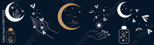 Illustrations with crescent moon, moths, witch hands and celestial elements, Mystical Symbols, Witch magic elements, witchcraft, star mystic moth