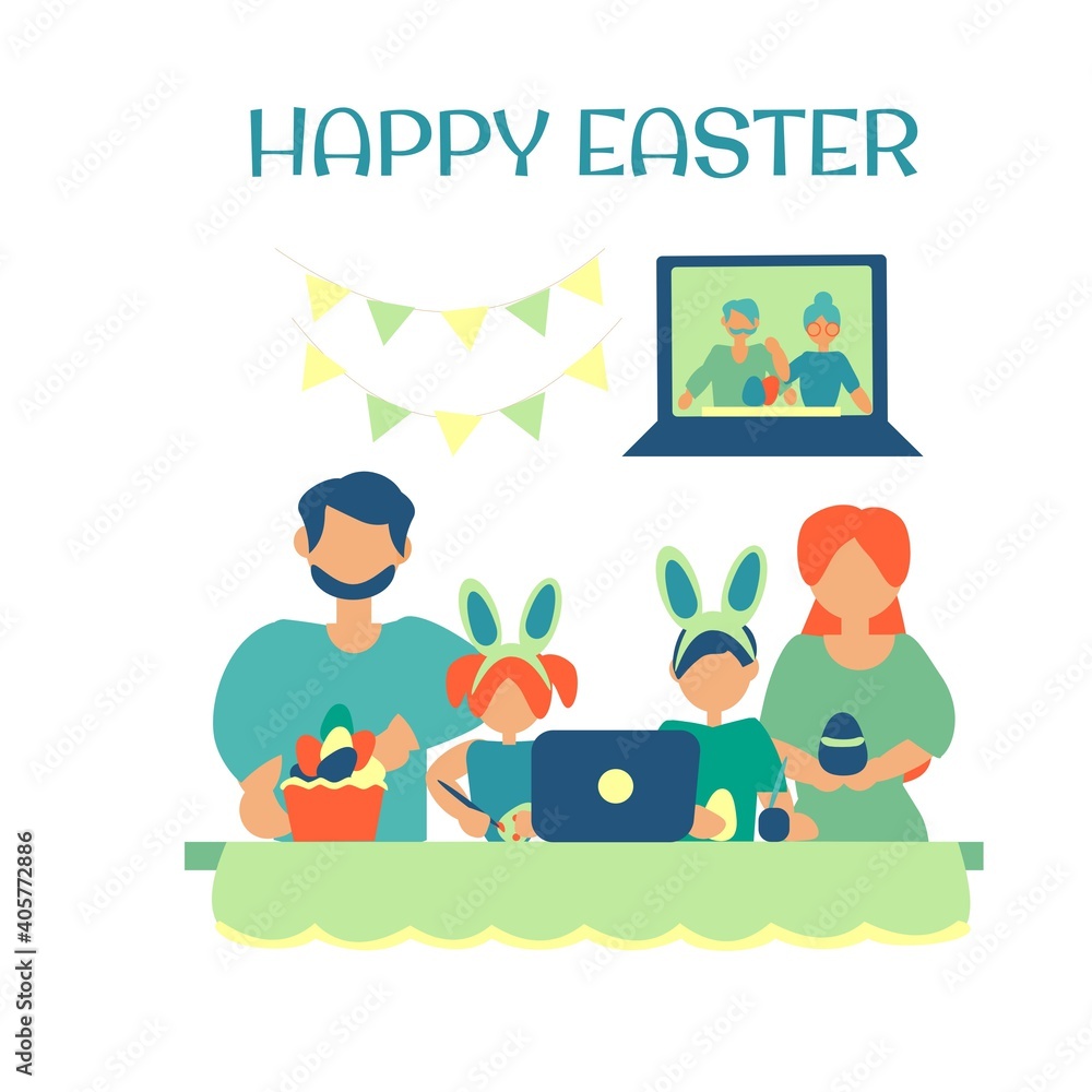 Fototapeta premium Family celebrate easter together through video call Easter party online Vector flat illustration