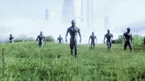 military space soldiers of the future on a green meadow against the backdrop of a futuristic city. 3d rendering.