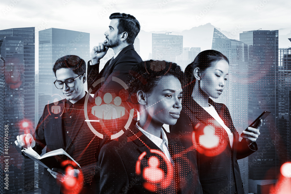 Group of SMM specialists working on social media marketing strategy to achieve business goals. Hologram icons over Singapore background. Group of SMM specialists working on social media marketing strategy to achieve business goals. Hologram icons over Singapore background.